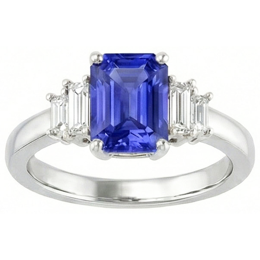 Baguette Natural Earth Mined Diamond ( Not Lab Grown ) Ring Ceylon Sapphire Jewelry 2.50 Carats 4 Prong Set