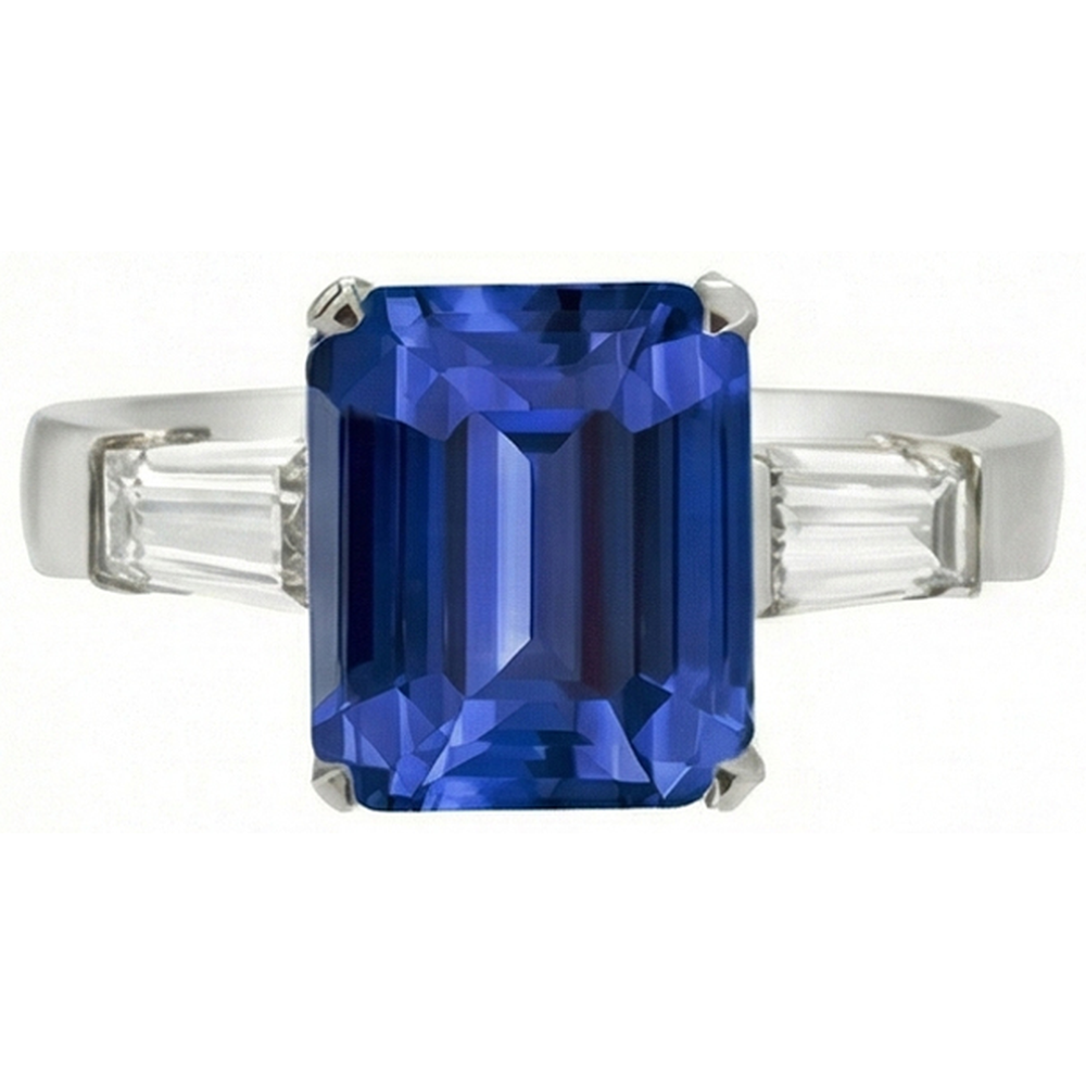 Baguette Natural Earth Mined Diamond ( Not Lab Grown ) Three Stone Emerald Ceylon Sapphire Ring 3.50 Carats