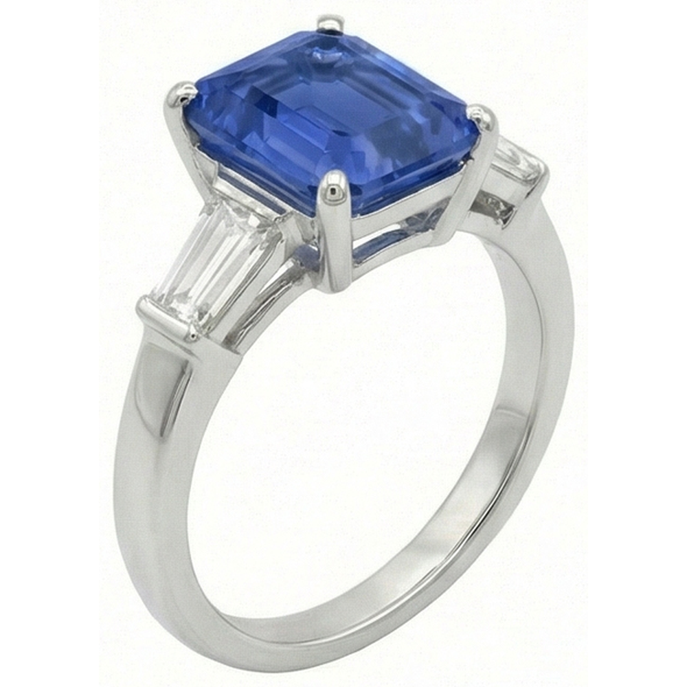 Baguette Natural Earth Mined Diamond ( Not Lab Grown ) Three Stone Emerald Ceylon Sapphire Ring 3.50 Carats