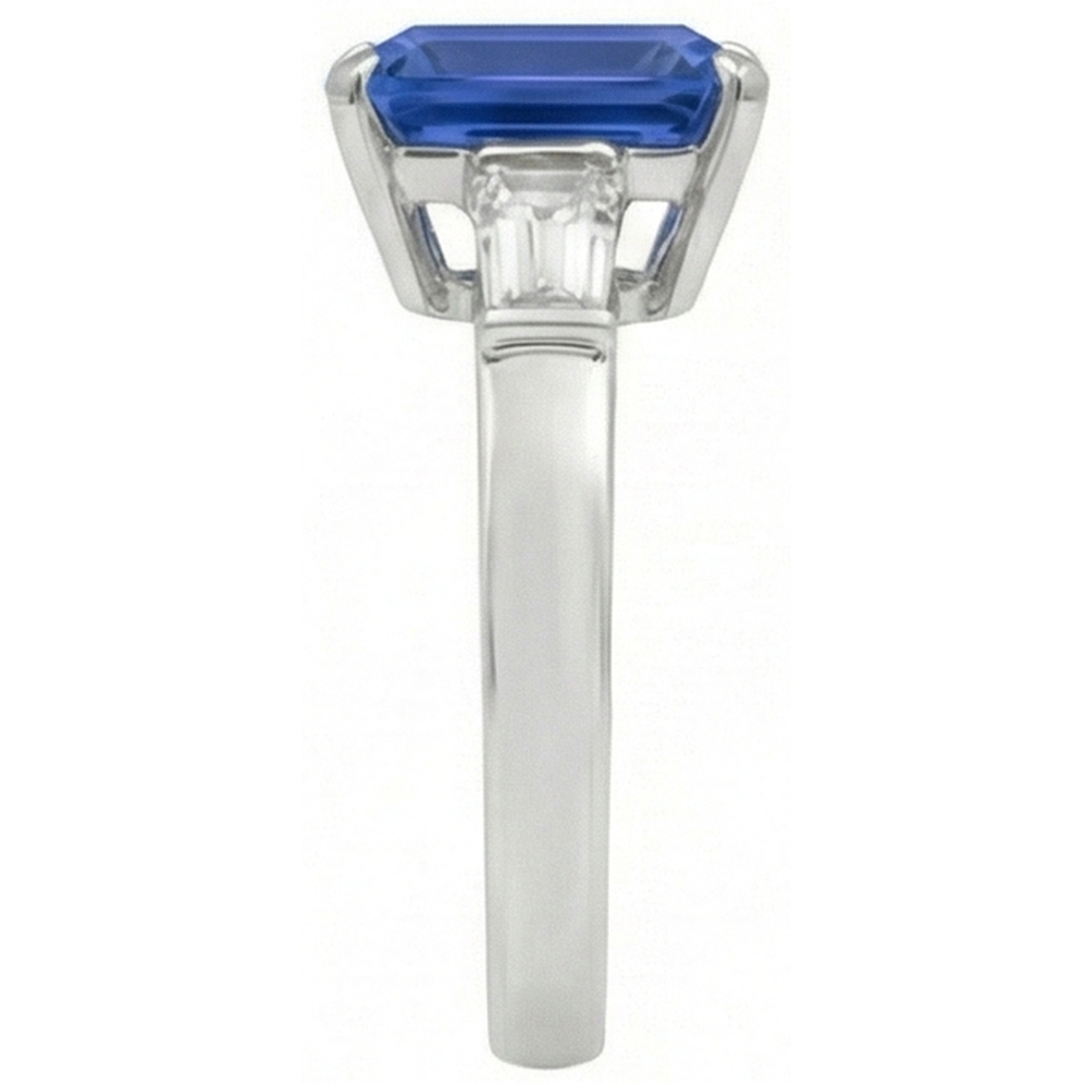 Baguette Natural Earth Mined Diamond ( Not Lab Grown ) Three Stone Emerald Ceylon Sapphire Ring 3.50 Carats