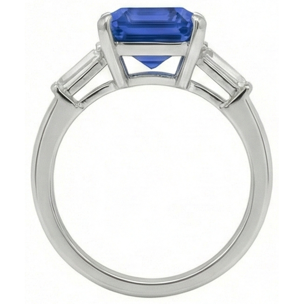 Baguette Natural Earth Mined Diamond ( Not Lab Grown ) Three Stone Emerald Ceylon Sapphire Ring 3.50 Carats