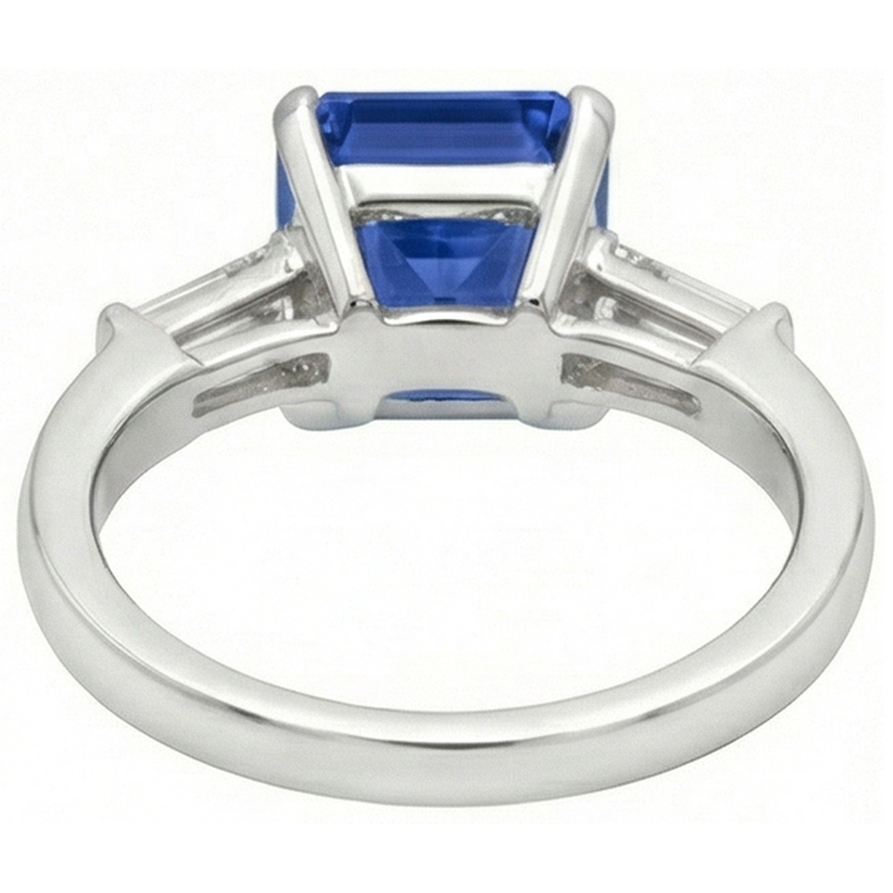 Baguette Natural Earth Mined Diamond ( Not Lab Grown ) Three Stone Emerald Ceylon Sapphire Ring 3.50 Carats