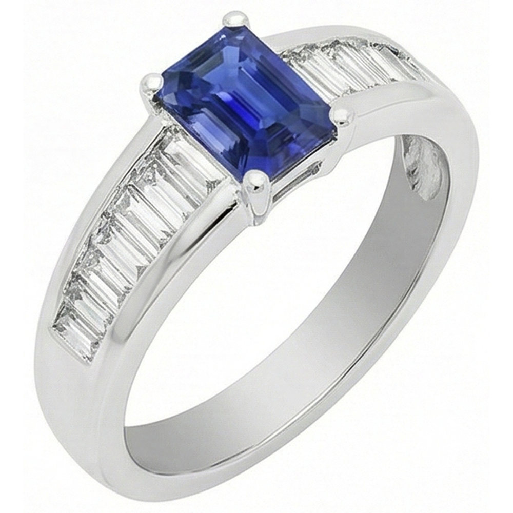 Baguette Natural Earth Mined Diamond ( Not Lab Grown ) Wedding Ring 2 Carats Emerald Blue Sapphire Gemstone