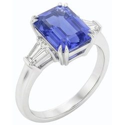 Baguette Natural Earth Mined Diamond ( Not Lab Grown ) 3 Stone Emerald Cut Blue Sapphire Ring 2.25 Carats