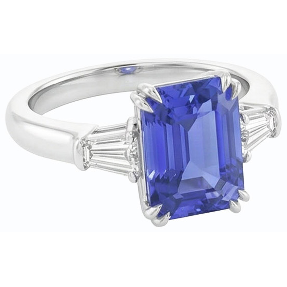Baguette Natural Earth Mined Diamond ( Not Lab Grown ) 3 Stone Emerald Cut Blue Sapphire Ring 2.25 Carats