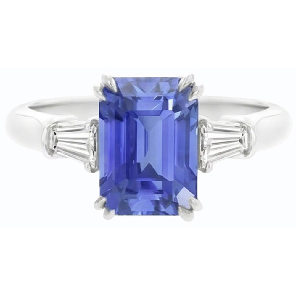 Baguette Natural Earth Mined Diamond ( Not Lab Grown ) 3 Stone Emerald Cut Blue Sapphire Ring 2.25 Carats