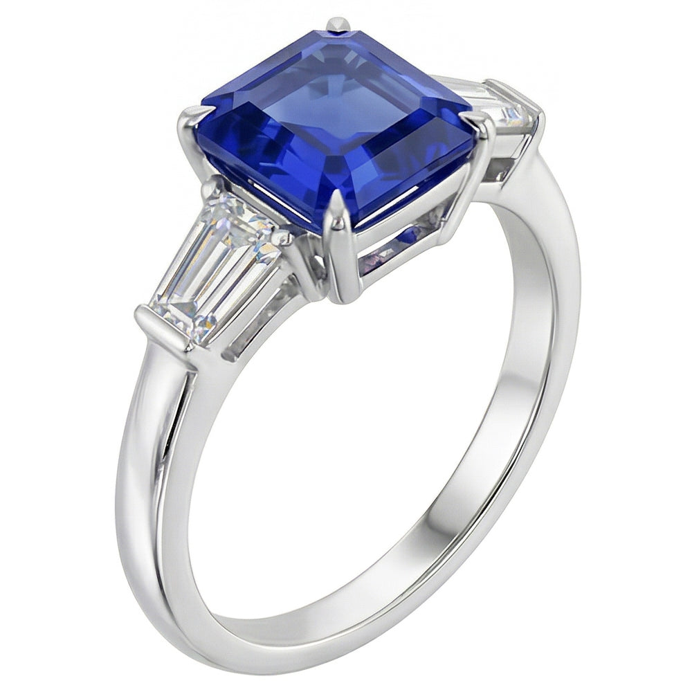 Baguette Natural Earth Mined Diamond ( Not Lab Grown ) 3 Stone Ring Asscher Cut Blue Sapphire 2.50 Carats