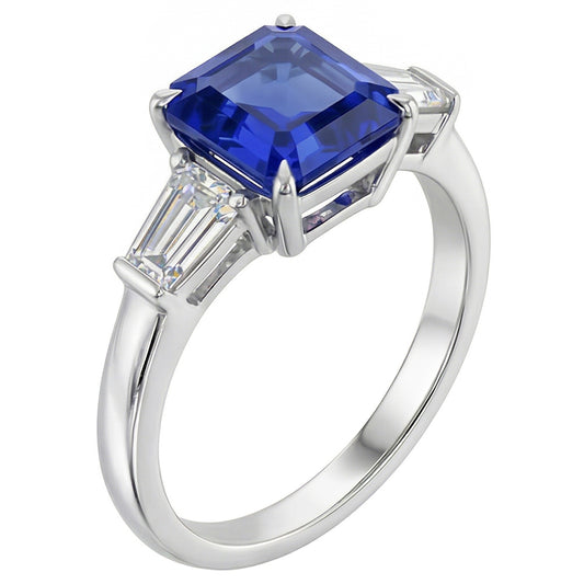 Baguette Natural Earth Mined Diamond ( Not Lab Grown ) 3 Stone Ring Asscher Cut Blue Sapphire 2.50 Carats