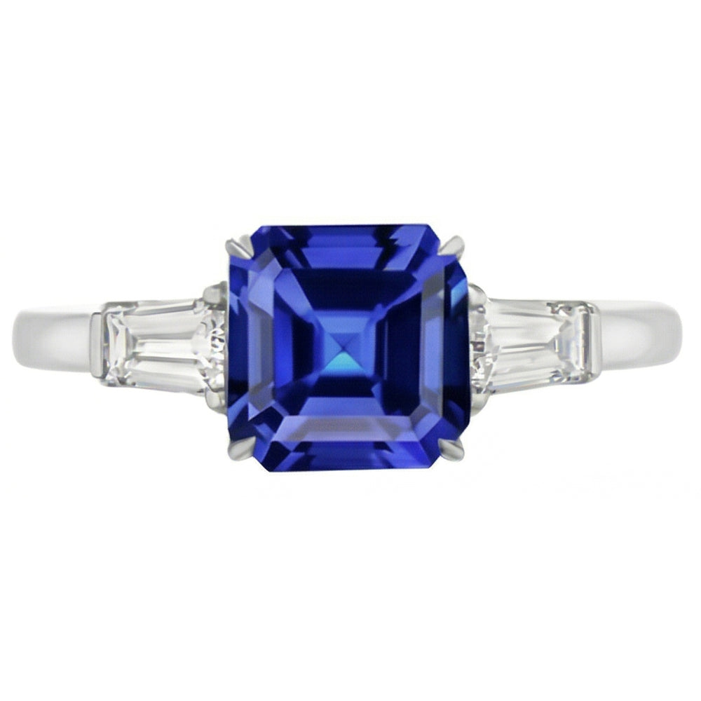 Baguette Natural Earth Mined Diamond ( Not Lab Grown ) 3 Stone Ring Asscher Cut Blue Sapphire 2.50 Carats