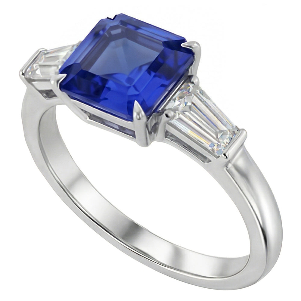 Baguette Natural Earth Mined Diamond ( Not Lab Grown ) 3 Stone Ring Asscher Cut Blue Sapphire 2.50 Carats