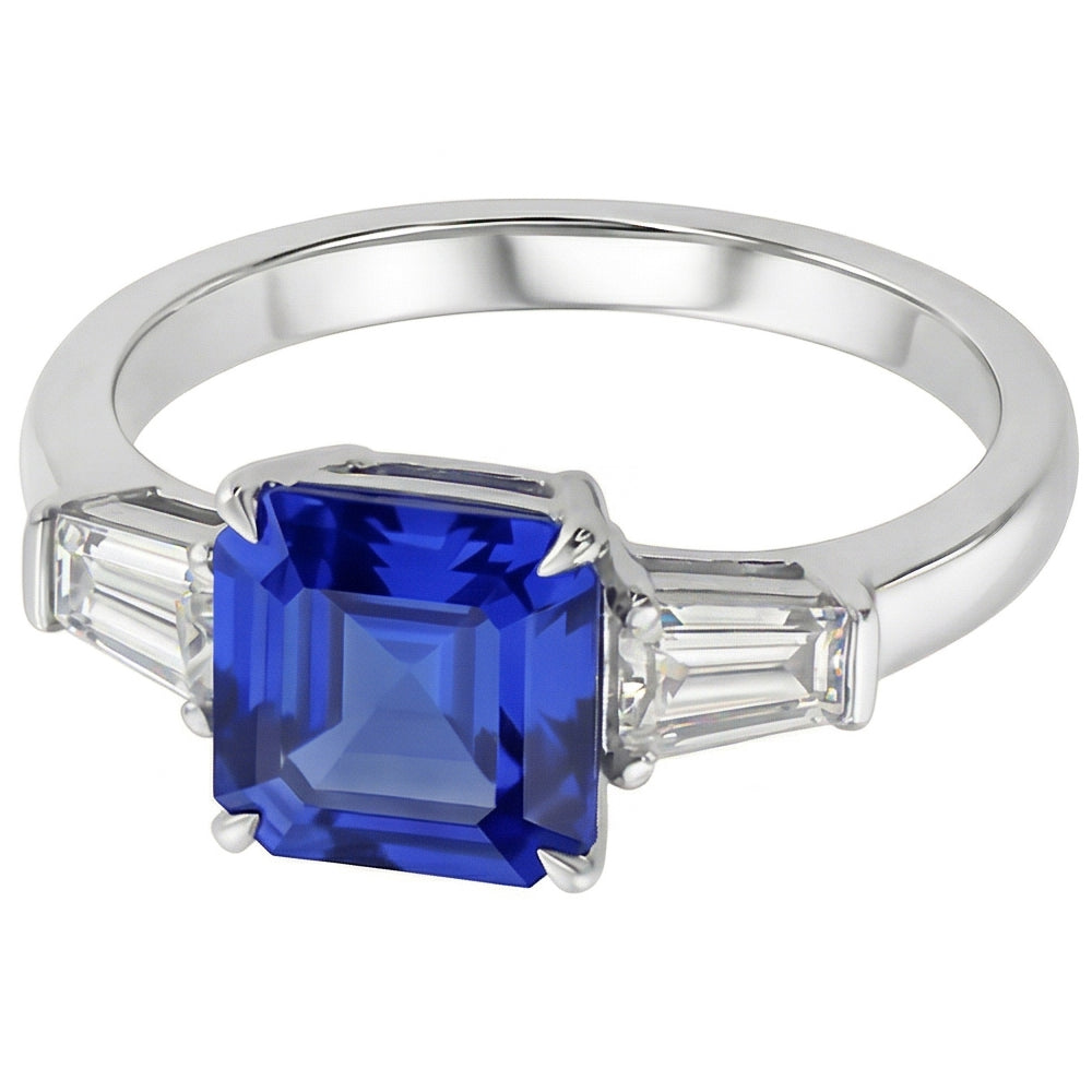 Baguette Natural Earth Mined Diamond ( Not Lab Grown ) 3 Stone Ring Asscher Cut Blue Sapphire 2.50 Carats