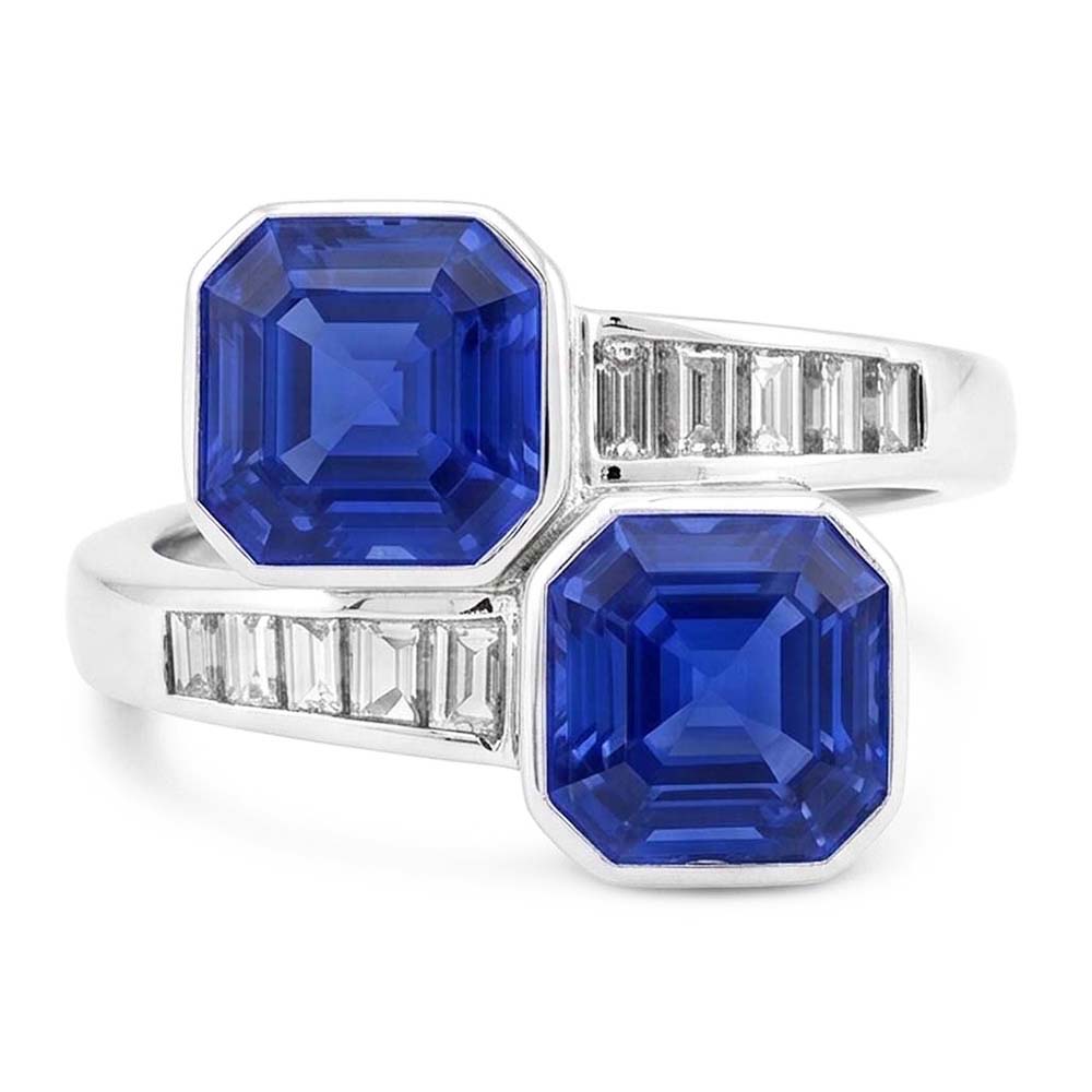 Baguette Natural Earth Mined Diamond ( Not Lab Grown ) Asscher Sapphire Ring Bezel & Channel Set 4.50 Carats