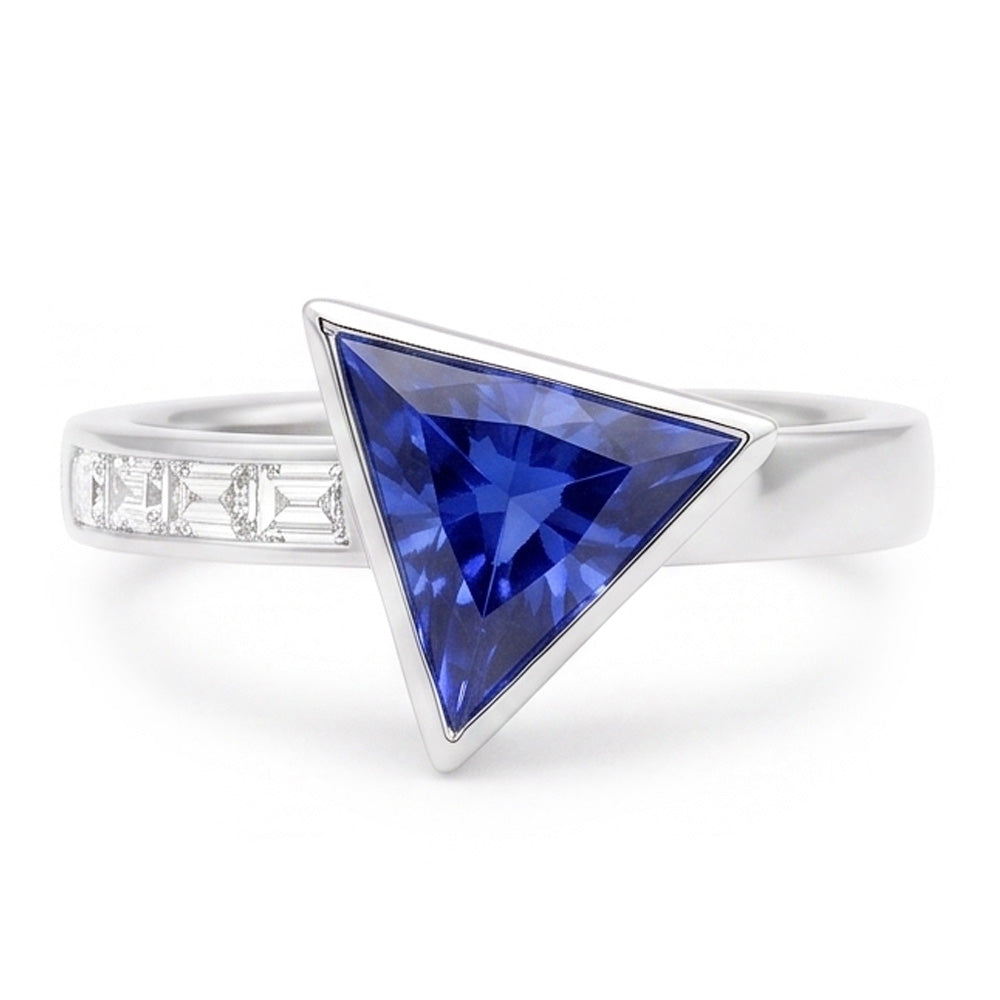 Baguette Natural Earth Mined Diamond ( Not Lab Grown ) Ring Trillion Bezel Set Blue Sapphire 1.75...