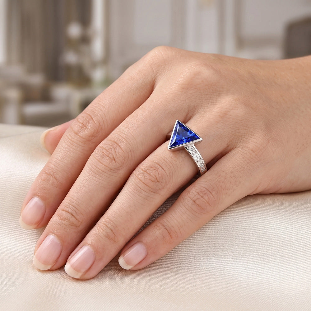 Baguette Natural Earth Mined Diamond ( Not Lab Grown ) Ring Trillion Bezel Set Blue Sapphire 1.75...