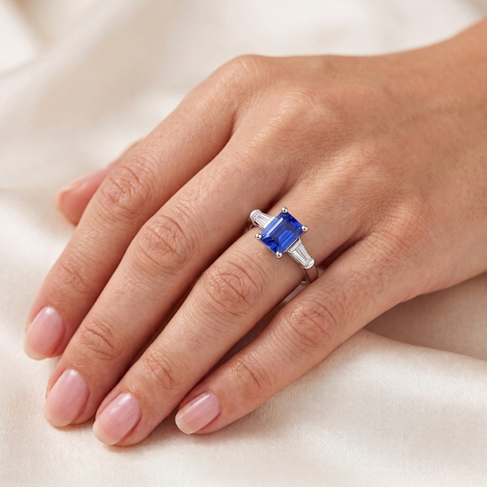 Baguette Natural Earth Mined Diamond ( Not Lab Grown ) Three Stone Emerald Shaped Ring 1.25 Carats