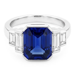 Baguette Natural Earth Mined Diamond ( Not Lab Grown ) & Radiant Cut Blue Sapphire Ring Bar Set 2 Carats