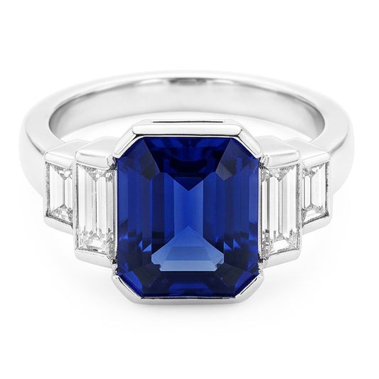 Baguette Natural Earth Mined Diamond ( Not Lab Grown ) & Radiant Cut Blue Sapphire Ring Bar Set 2 Carats