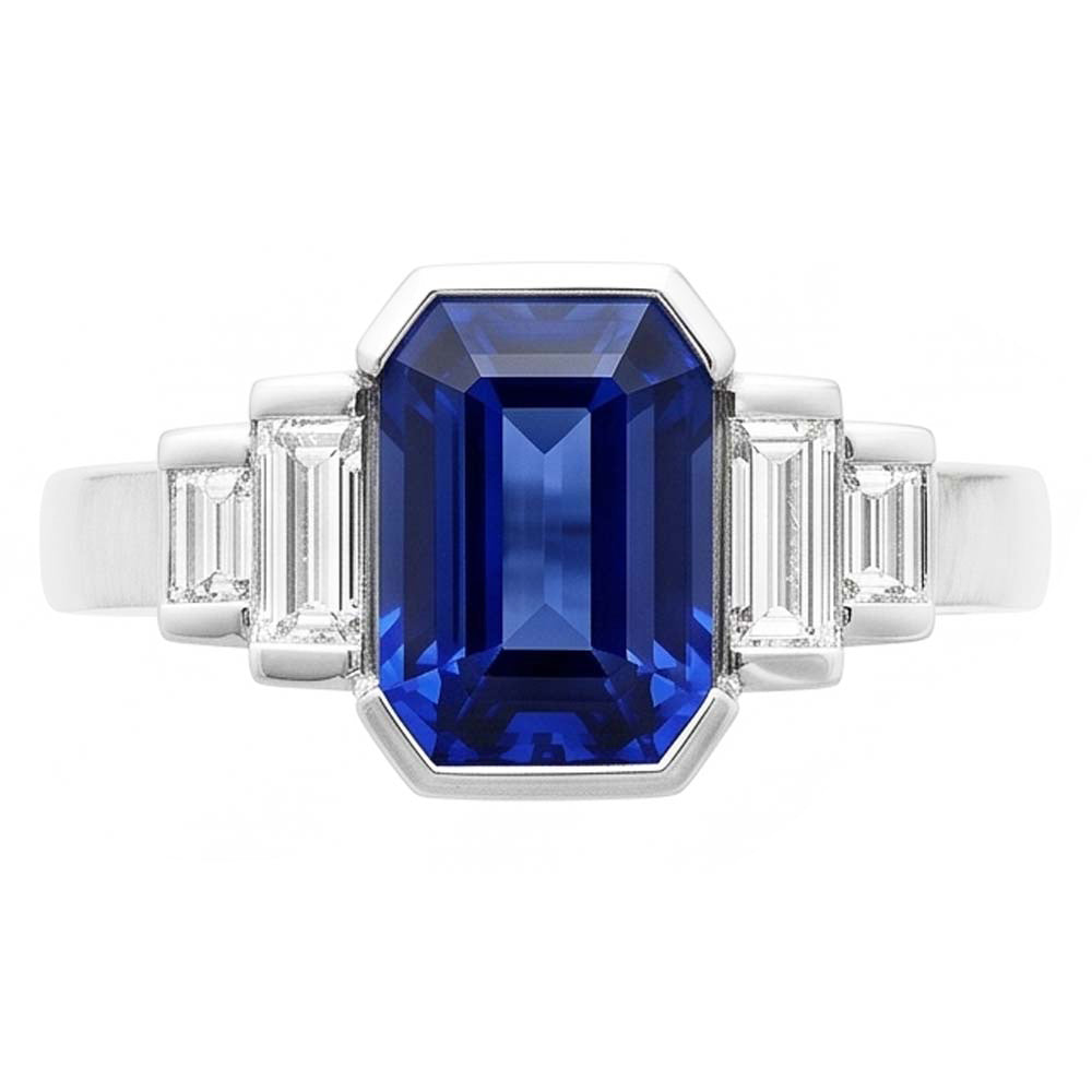 Baguette Natural Earth Mined Diamond ( Not Lab Grown ) & Radiant Cut Blue Sapphire Ring Bar Set 2 Carats