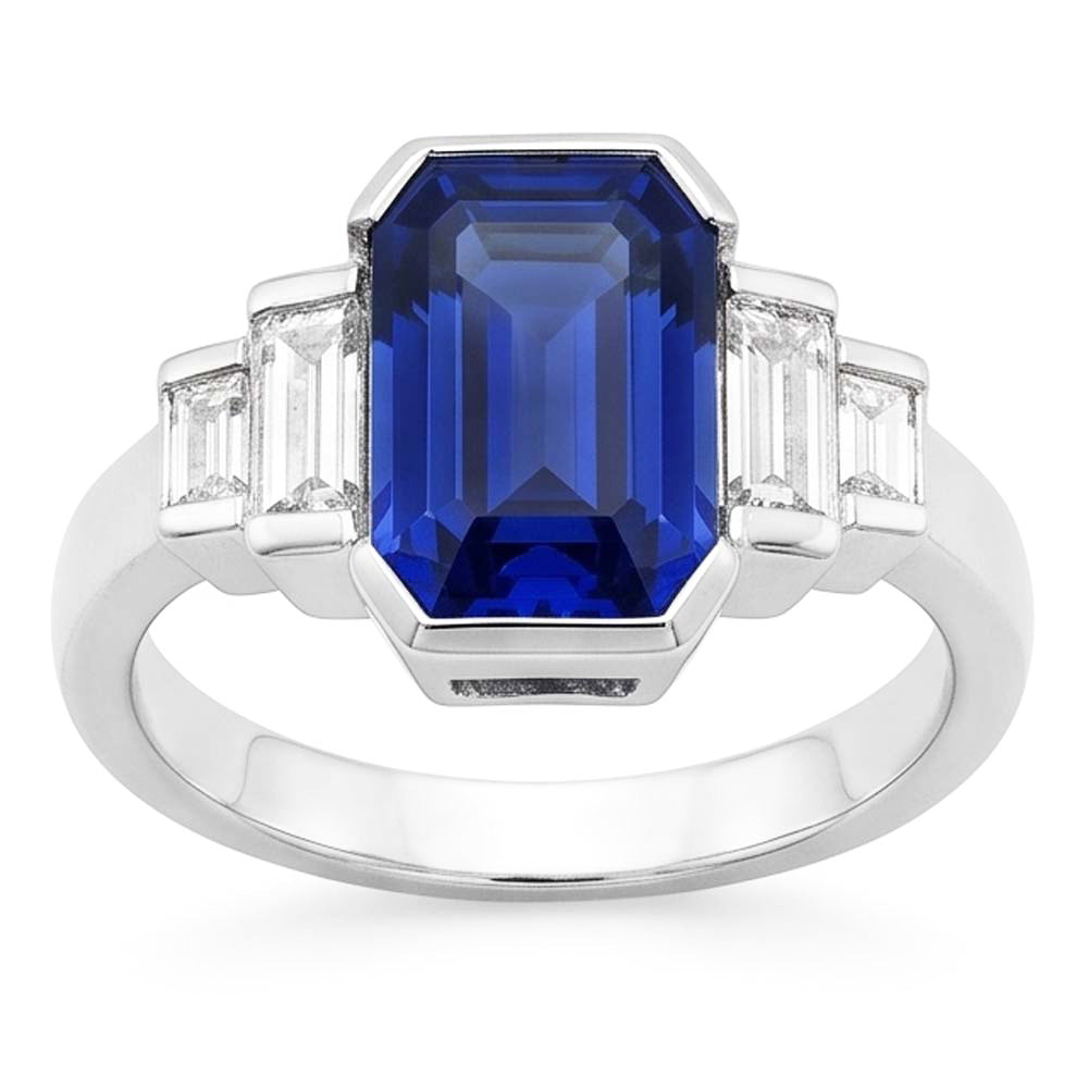 Baguette Natural Earth Mined Diamond ( Not Lab Grown ) & Radiant Cut Blue Sapphire Ring Bar Set 2 Carats