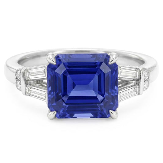 Baguette & Round Natural Earth Mined Diamond ( Not Lab Grown ) Ceylon Sapphire Ring Emerald Cut 2.50 Carats