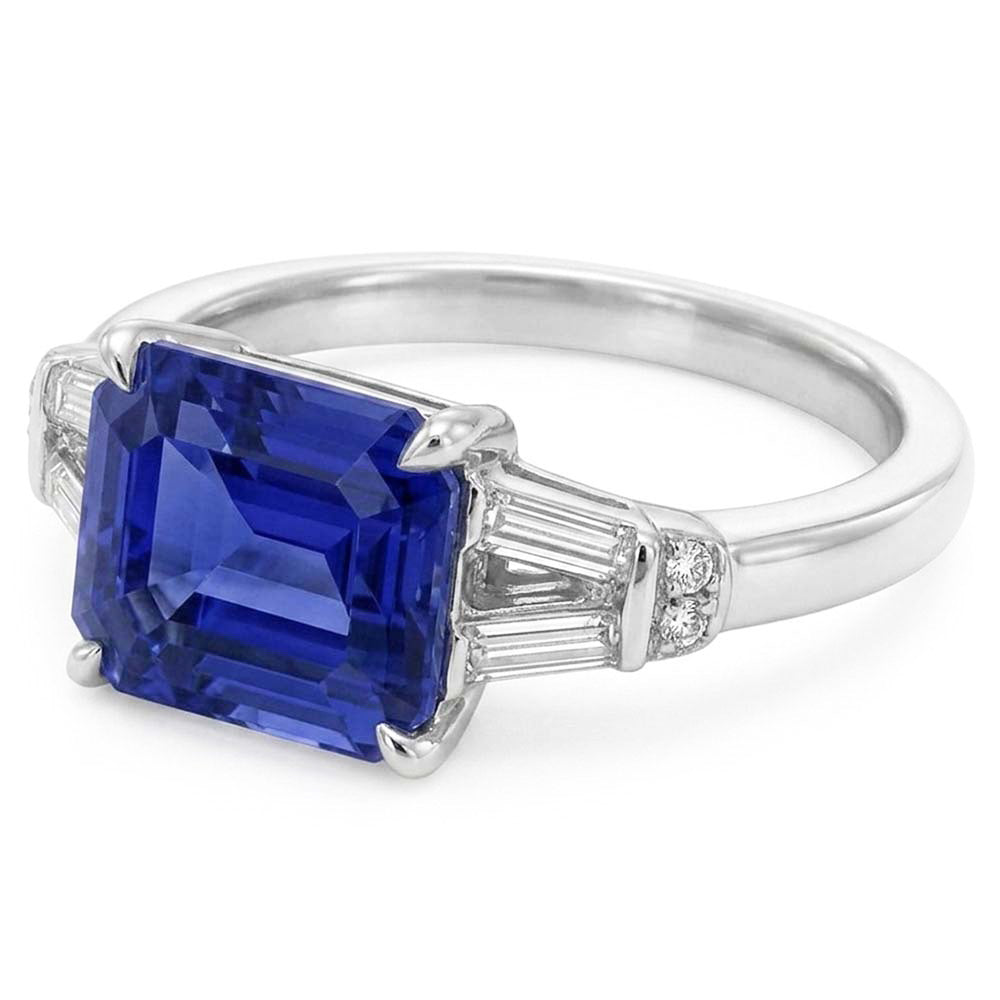 Baguette & Round Natural Earth Mined Diamond ( Not Lab Grown ) Ceylon Sapphire Ring Emerald Cut 2.50 Carats