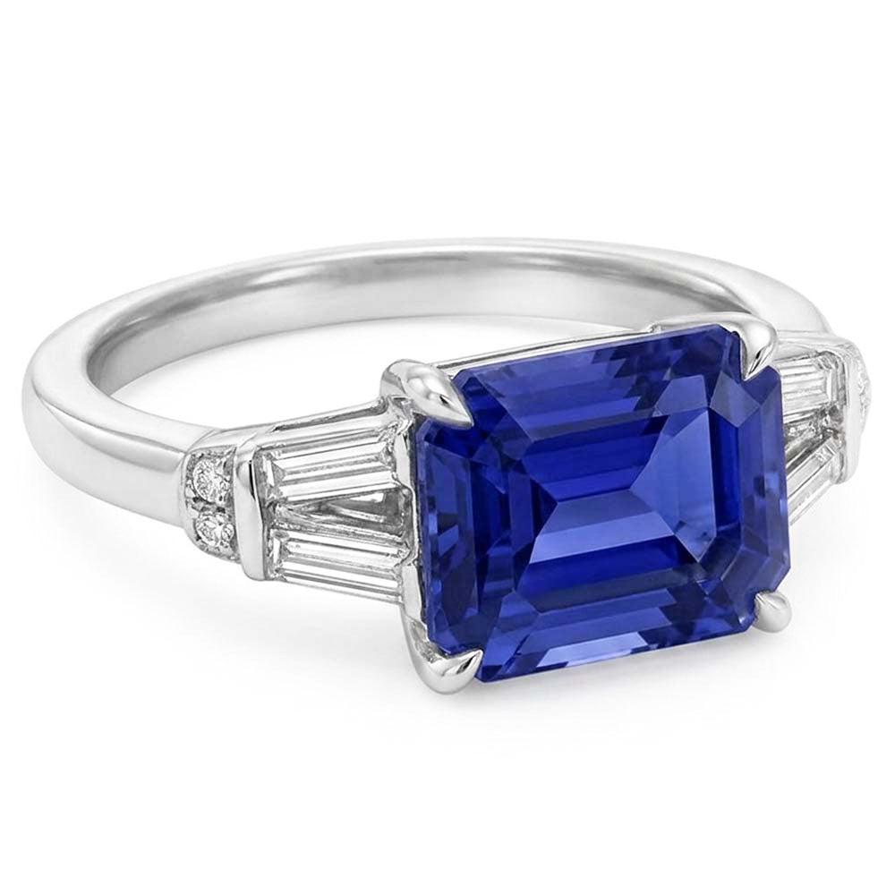 Baguette & Round Natural Earth Mined Diamond ( Not Lab Grown ) Ceylon Sapphire Ring Emerald Cut 2.50 Carats