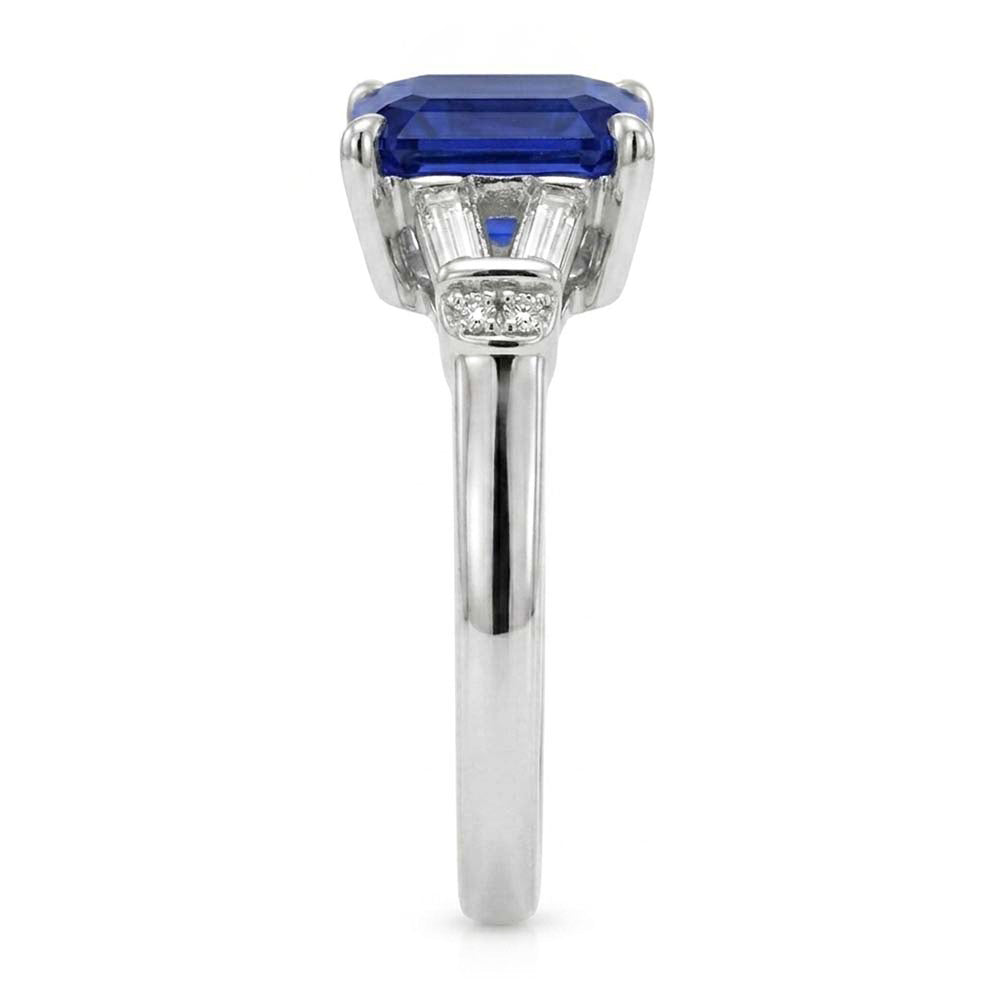 Baguette & Round Natural Earth Mined Diamond ( Not Lab Grown ) Ceylon Sapphire Ring Emerald Cut 2.50 Carats