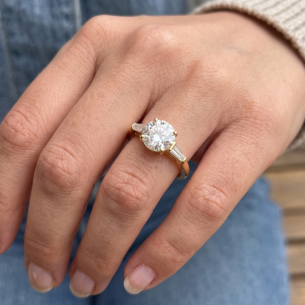 Baguette & Round Old Cut Natural Earth Mined Diamond ( Not Lab Grown ) 3 Stone Ring 6 Prong Set 2.50 Carats