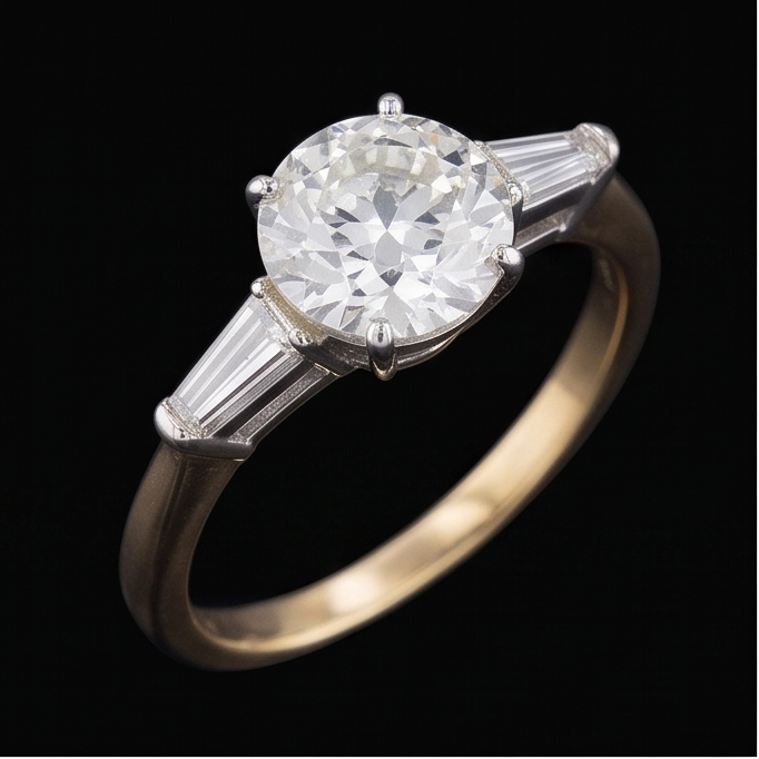 Baguette & Round Old Cut Natural Earth Mined Diamond ( Not Lab Grown ) 3 Stone Ring 6 Prong Set 2.50 Carats