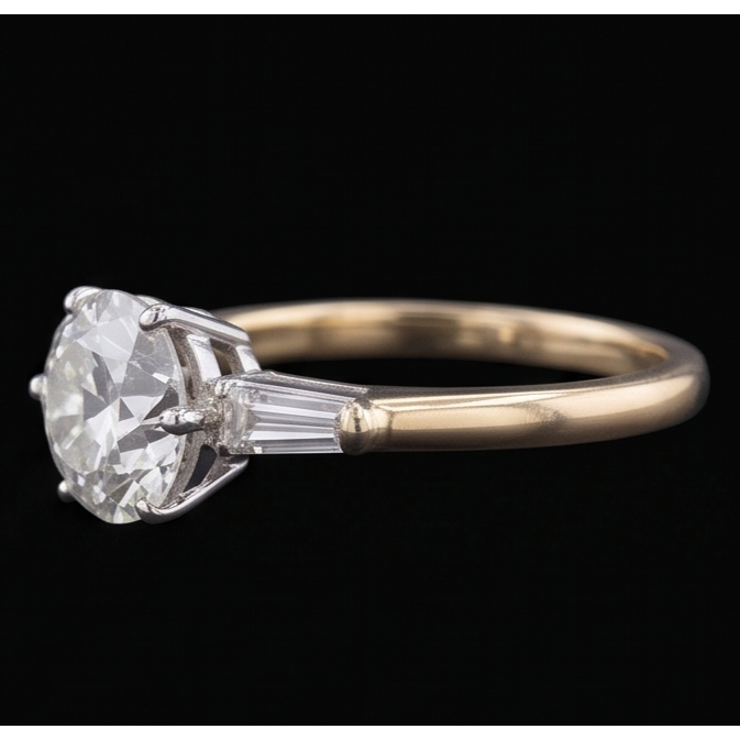 Baguette & Round Old Cut Natural Earth Mined Diamond ( Not Lab Grown ) 3 Stone Ring 6 Prong Set 2.50 Carats