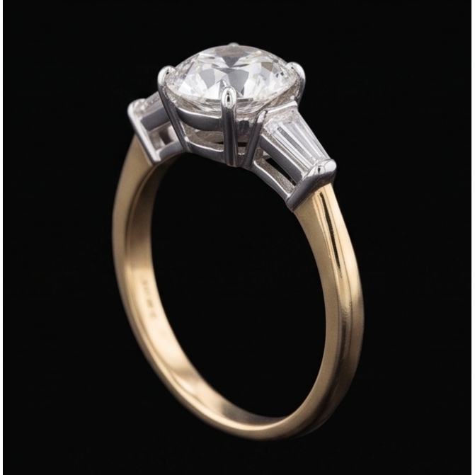 Baguette & Round Old Cut Natural Earth Mined Diamond ( Not Lab Grown ) 3 Stone Ring 6 Prong Set 2.50 Carats