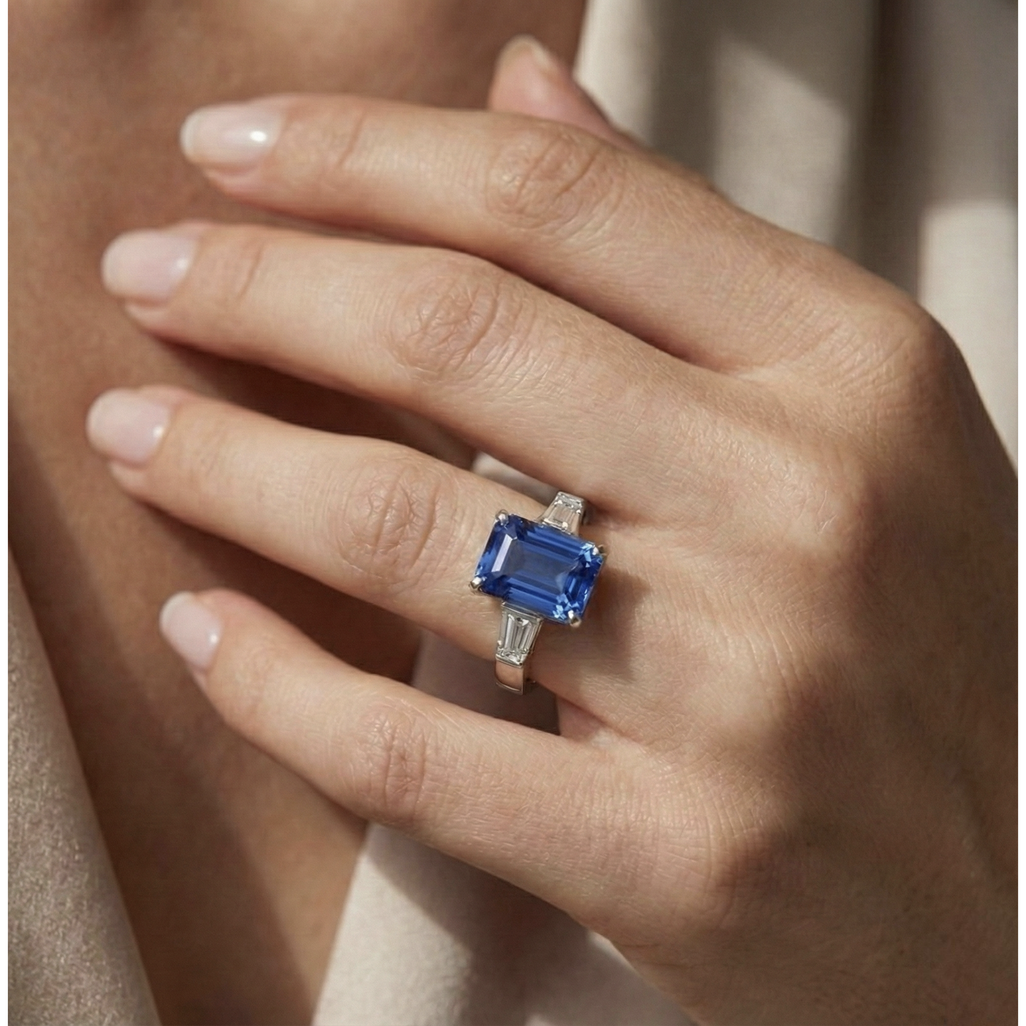 Baguette Natural Earth Mined Diamond ( Not Lab Grown ) Three Stone Emerald Ceylon Sapphire Ring 3.50 Carats
