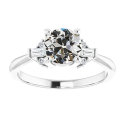 Baguette & Round Old Cut Natural Earth Mined Diamond Ladies Ring Tapered Shank 3 Carats
