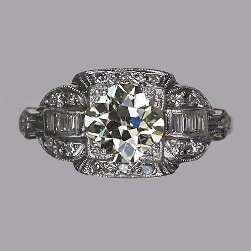 Baguette & Round Old Mine Cut Genuine Diamond Ring Milgrain Shank 2.50 Carats