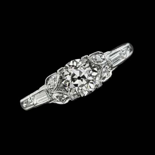 Baguette & Round Old Miner Genuine Diamond Ring Vintage Style 3 Carats