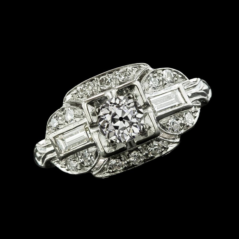 Baguette & Round Old Miner Natural Diamond Ring Milgrain Shank 3.25 Carats