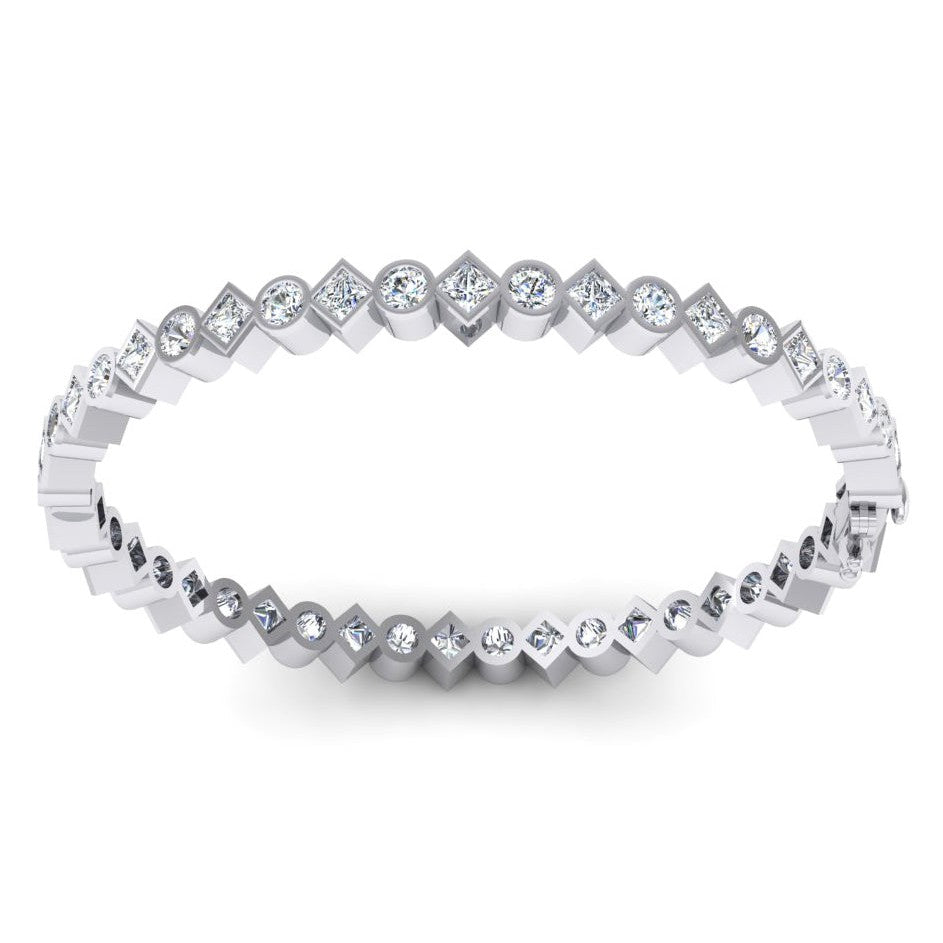 Bangle Wave Style Princess And Round Real Diamonds Bezel Set