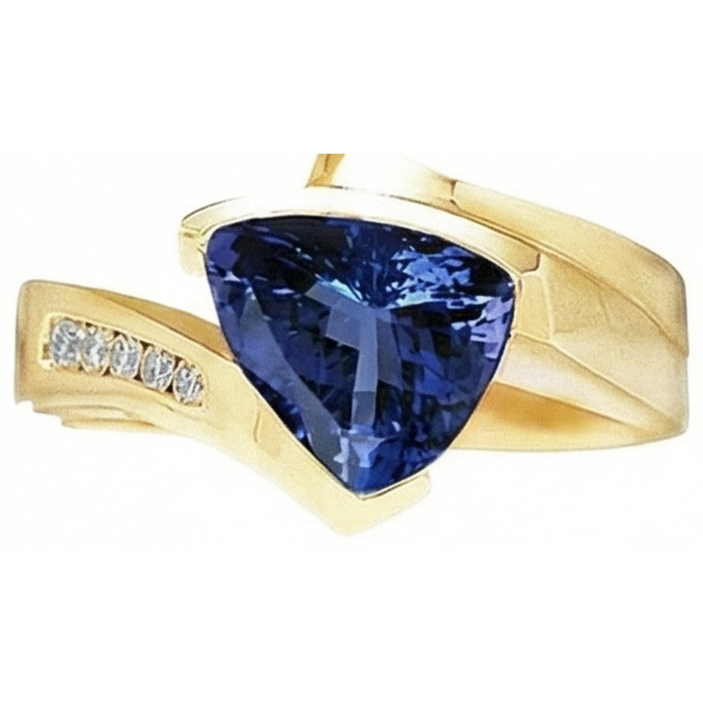 Beautiful Tanzanite Trillion Natural Earth Mined Diamond ( Not Lab Grown ) s Yellow Gold Ring 1.95 Carats