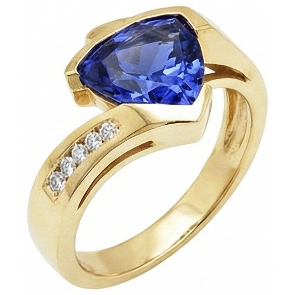 Beautiful Tanzanite Trillion Natural Earth Mined Diamond ( Not Lab Grown ) s Yellow Gold Ring 1.95 Carats
