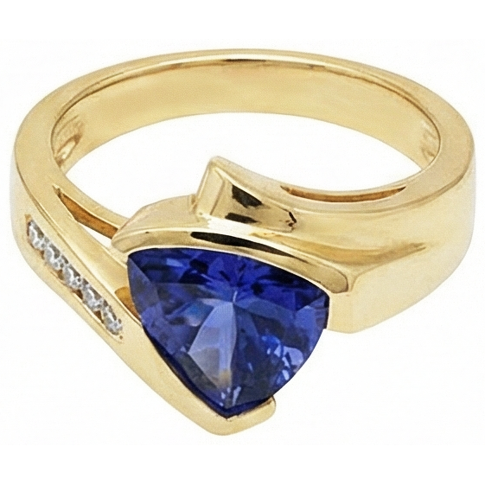 Beautiful Tanzanite Trillion Natural Earth Mined Diamond ( Not Lab Grown ) s Yellow Gold Ring 1.95 Carats