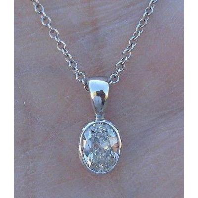 Beautiful Oval Genuine Diamond Necklace 2 Carats Bezel Set White Gold 14K