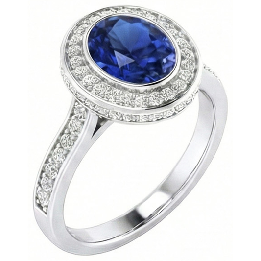Bezel Set 3.40 Ct Halo Ceylon Sapphire And Natural Earth Mined Diamond ( Not Lab Grown ) s Ring