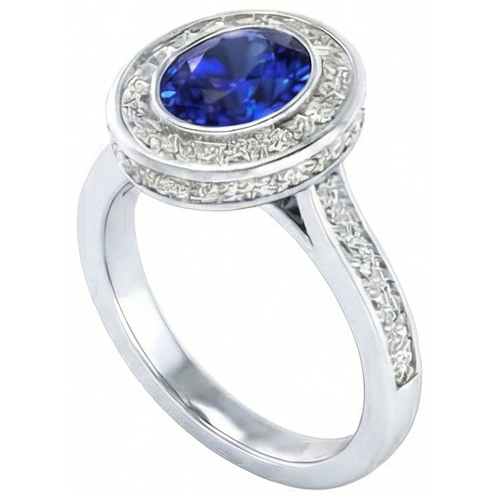 Bezel Set 3.40 Ct Halo Ceylon Sapphire And Natural Earth Mined Diamond ( Not Lab Grown ) s Ring