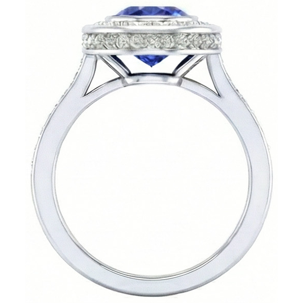 Bezel Set 3.40 Ct Halo Ceylon Sapphire And Natural Earth Mined Diamond ( Not Lab Grown ) s Ring