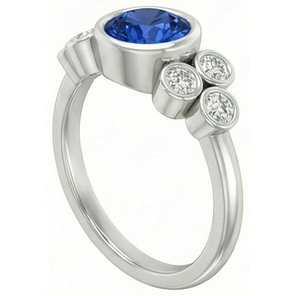 Bezel Set Ceylon Sapphire And Natural Earth Mined Diamond ( Not Lab Grown )  Ring White Gold 14K 2.70 Ct