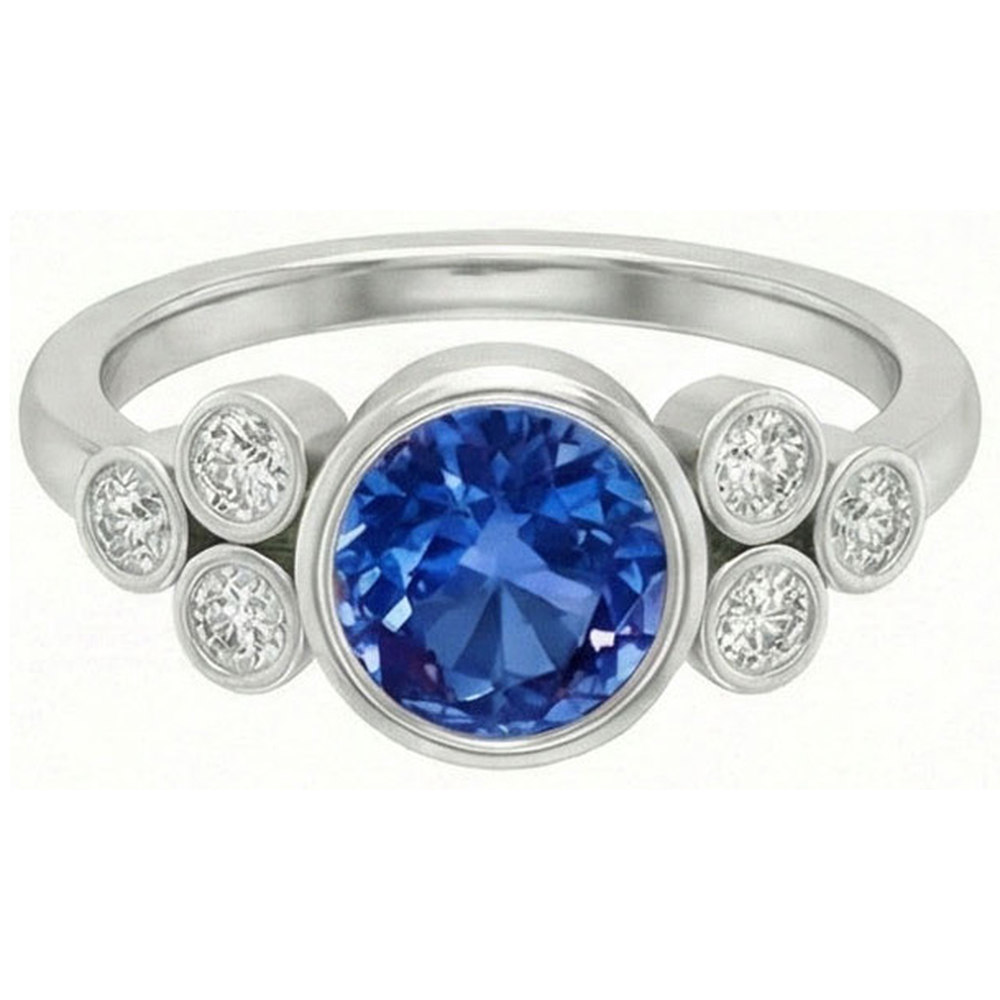 Bezel Set Ceylon Sapphire And Natural Earth Mined Diamond ( Not Lab Grown )  Ring White Gold 14K 2.70 Ct