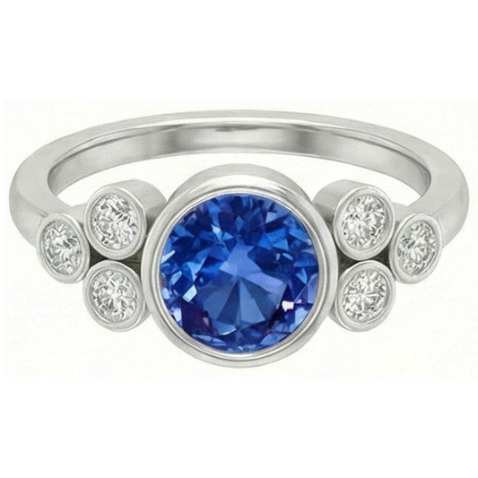 Bezel Set Ceylon Sapphire And Natural Earth Mined Diamond ( Not Lab Grown )  Ring White Gold 14K 2.70 Ct