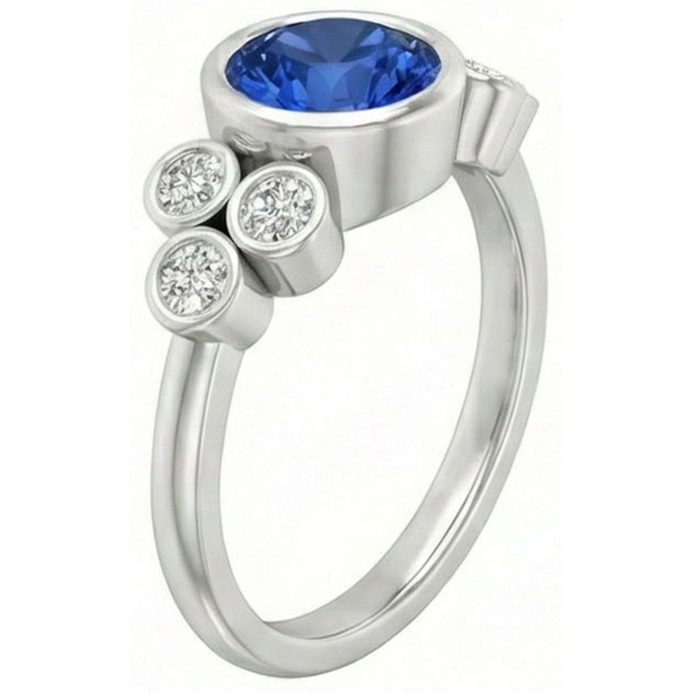 Bezel Set Ceylon Sapphire And Natural Earth Mined Diamond ( Not Lab Grown )  Ring White Gold 14K 2.70 Ct