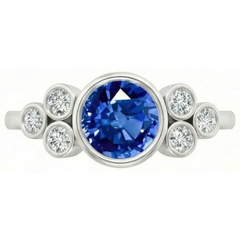 Bezel Set Ceylon Sapphire And Natural Earth Mined Diamond ( Not Lab Grown )  Ring White Gold 14K 2.70 Ct