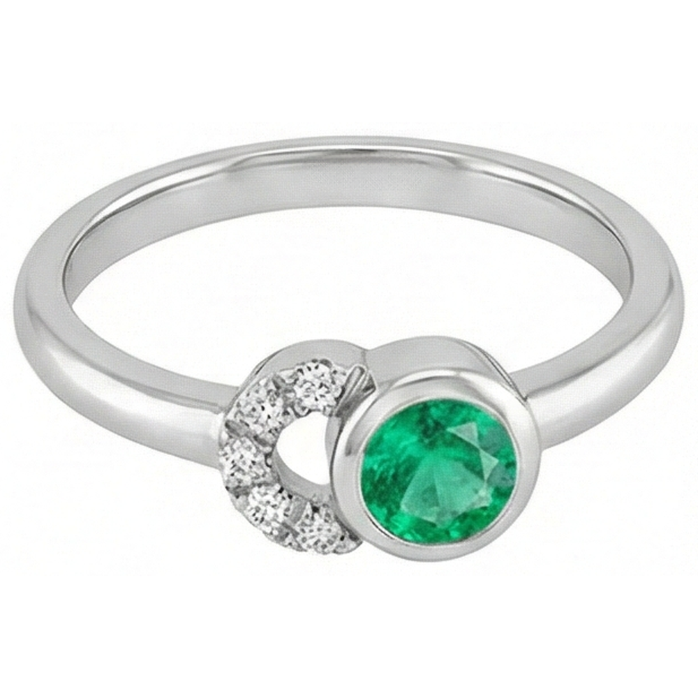 Fine Emerald Round Cut Precious Stone Ring in 14K White Gold – side view